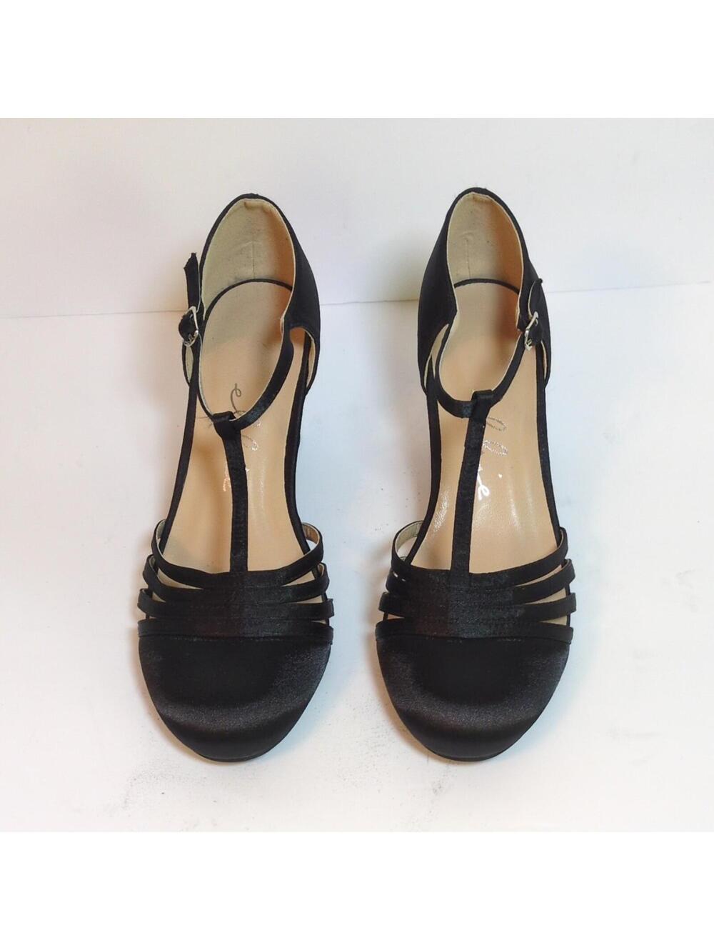 Ellie Shoes Black Strappy Buckle Round Toe Satin Heels Women's 8